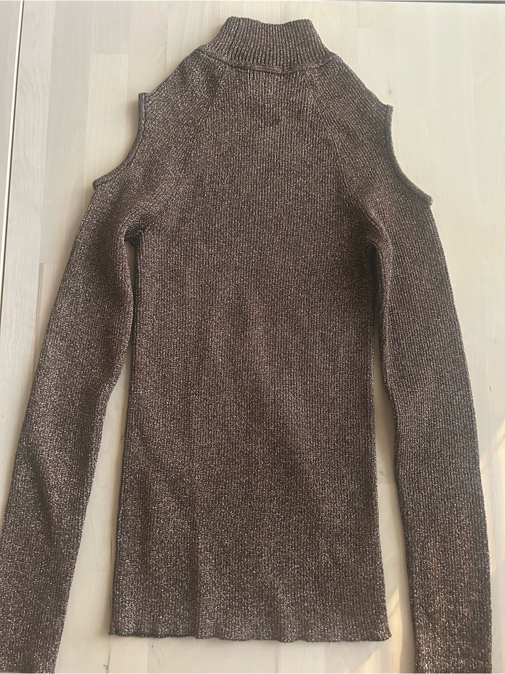 Cache Metallic Brown Cold-Shoulder Turtleneck Sweater